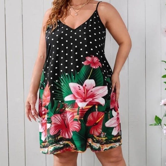 Polka Dot & Tropical Print Cami Dress. - Picture 1 of 8